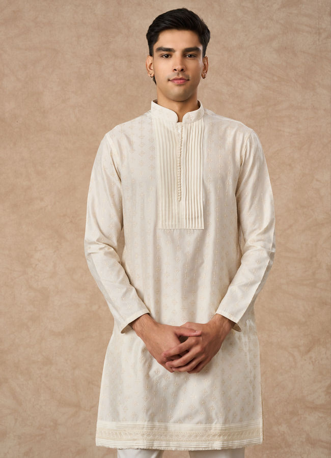 Manyavar Men Cream Silk Kurta Pant with Pleats