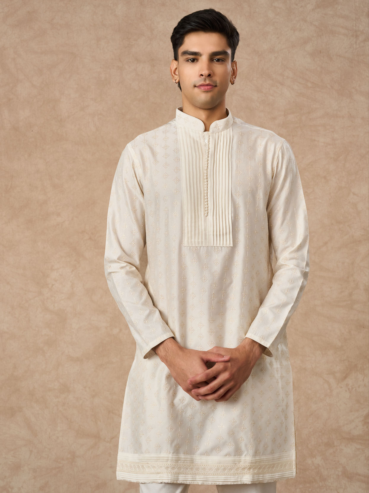 Manyavar Men Cream Silk Kurta Pant with Pleats