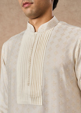 Manyavar Men Cream Silk Kurta Pant with Pleats