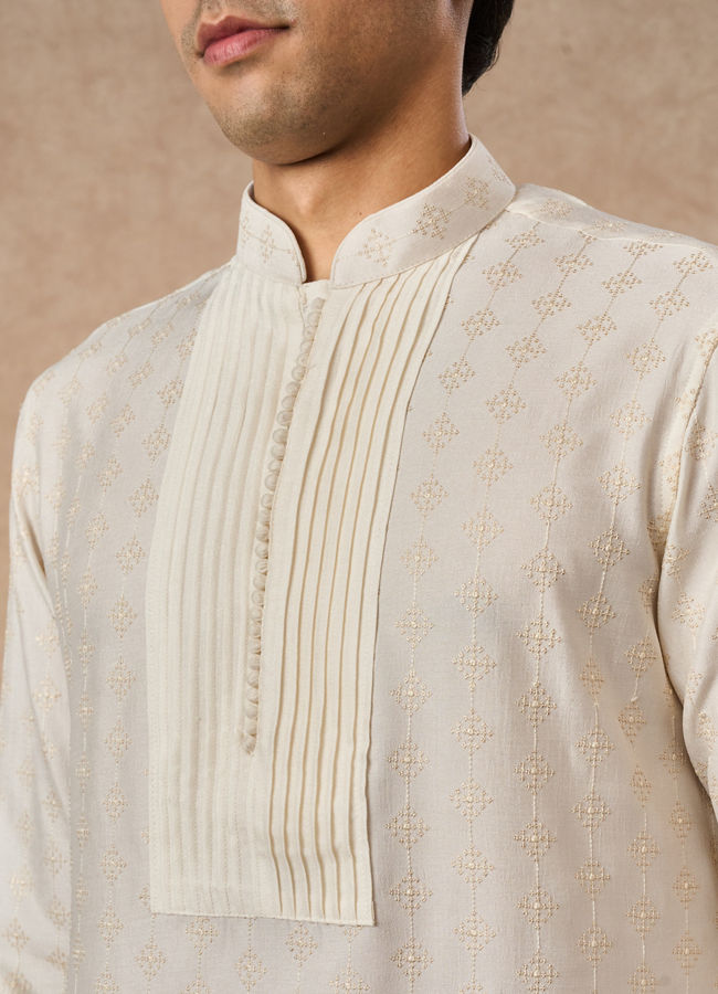 Manyavar Men Cream Silk Kurta Pant with Pleats