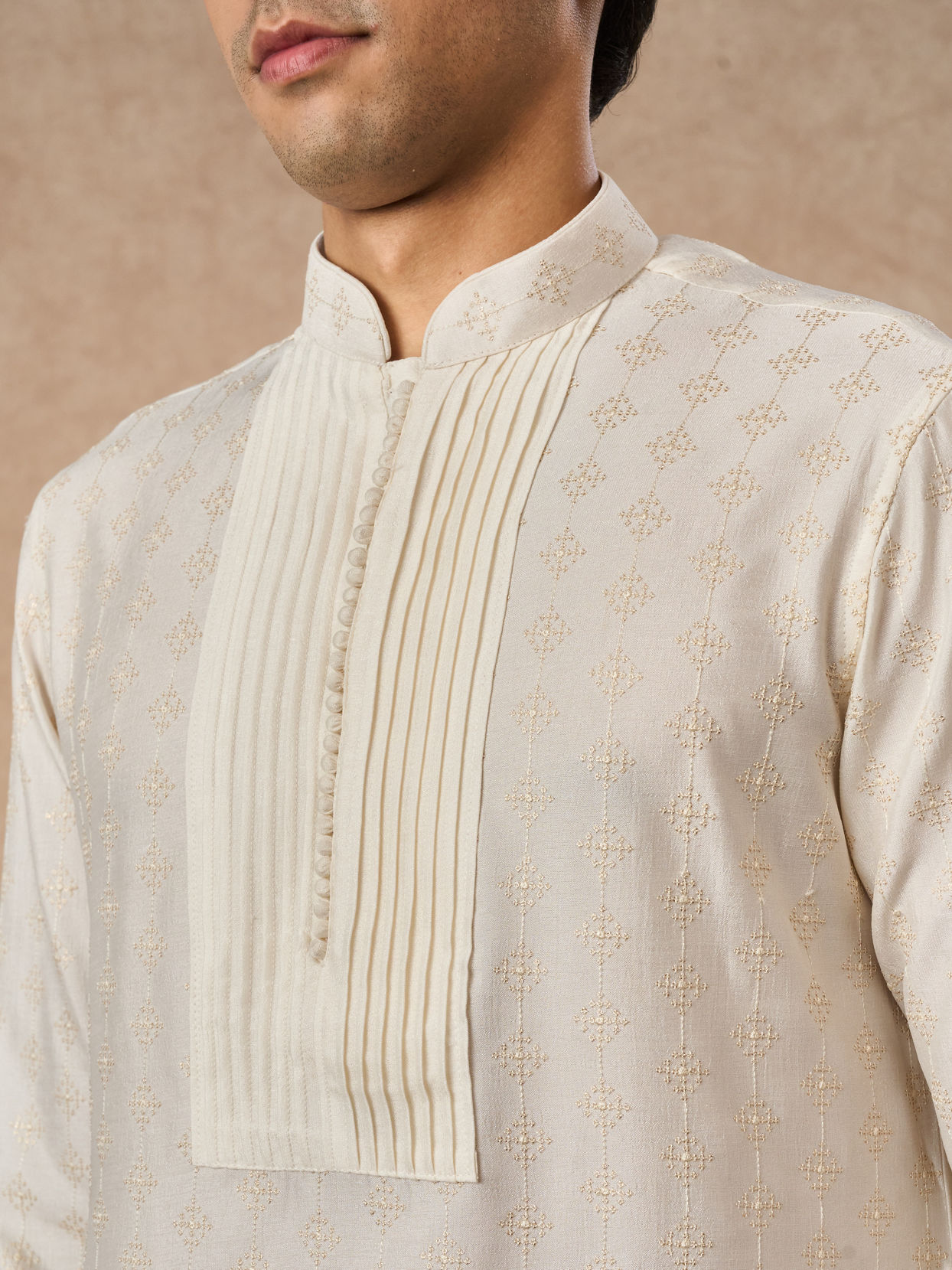 Manyavar Men Cream Silk Kurta Pant with Pleats