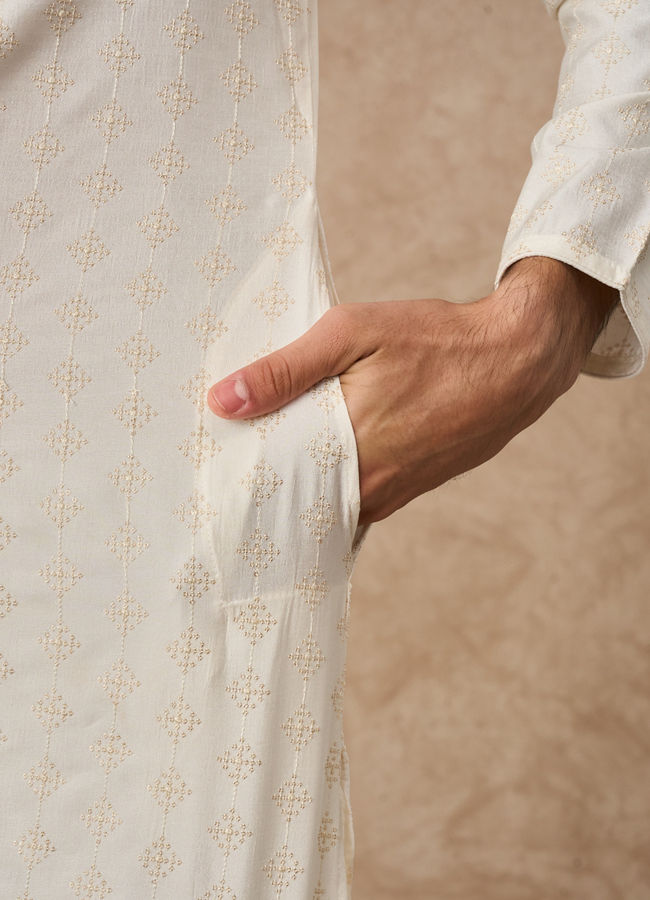 Manyavar Men Cream Silk Kurta Pant with Pleats