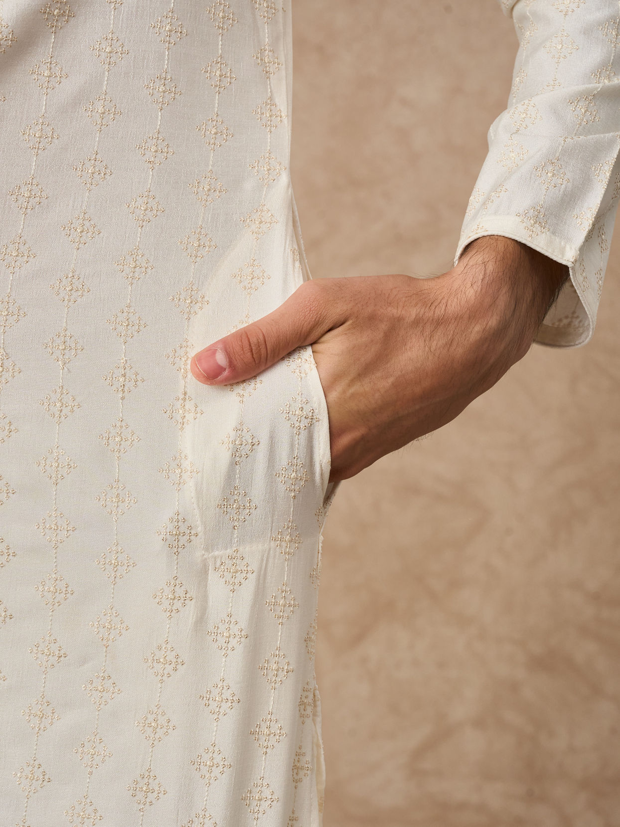 Manyavar Men Cream Silk Kurta Pant with Pleats