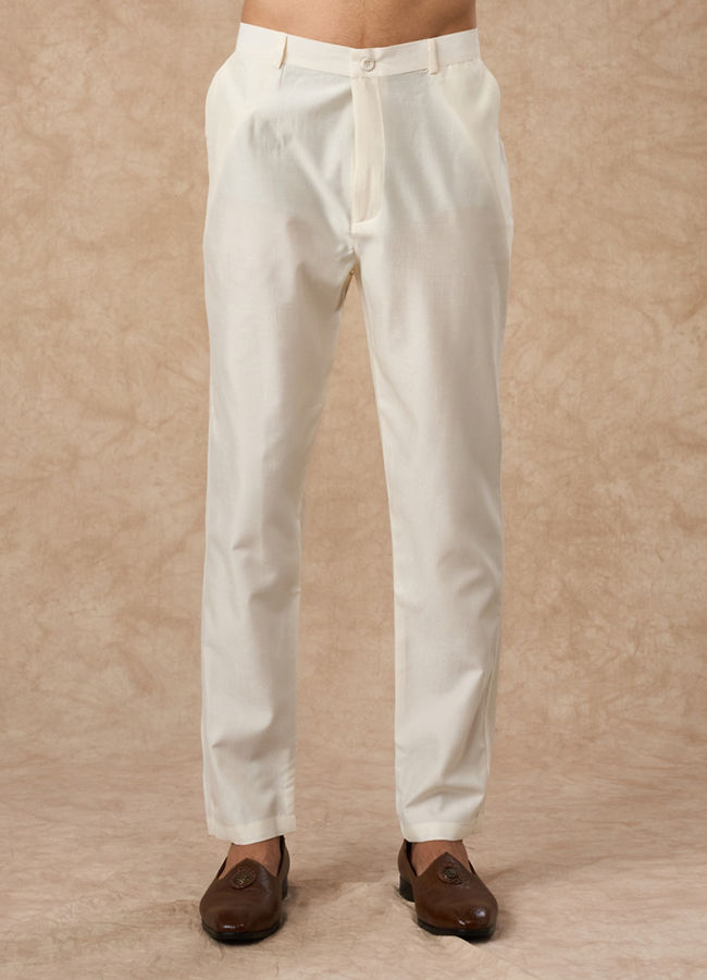 Manyavar Men Cream Silk Kurta Pant with Pleats