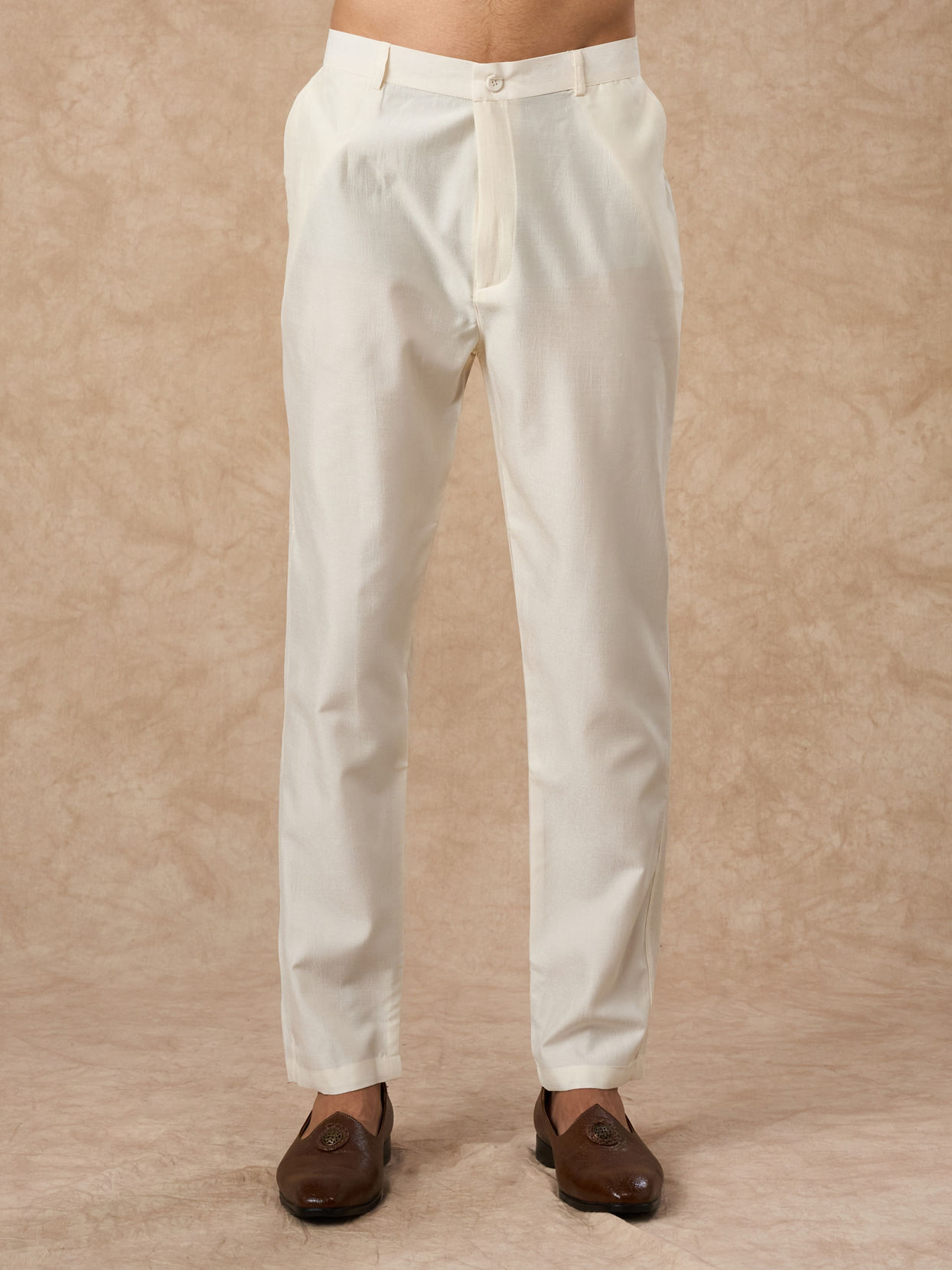 Manyavar Men Cream Silk Kurta Pant with Pleats