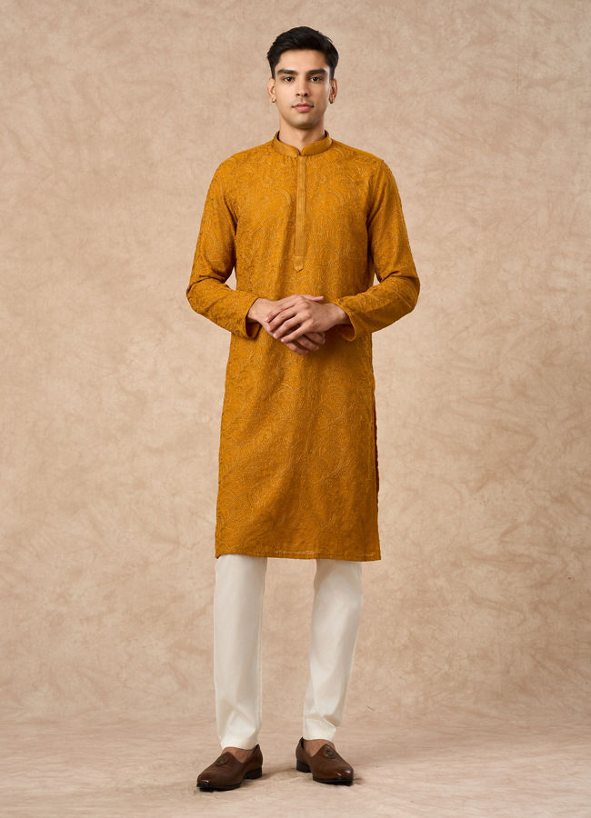 Manyavar Men Mustard Georgette Kurta Churidar with Thread Embroidery