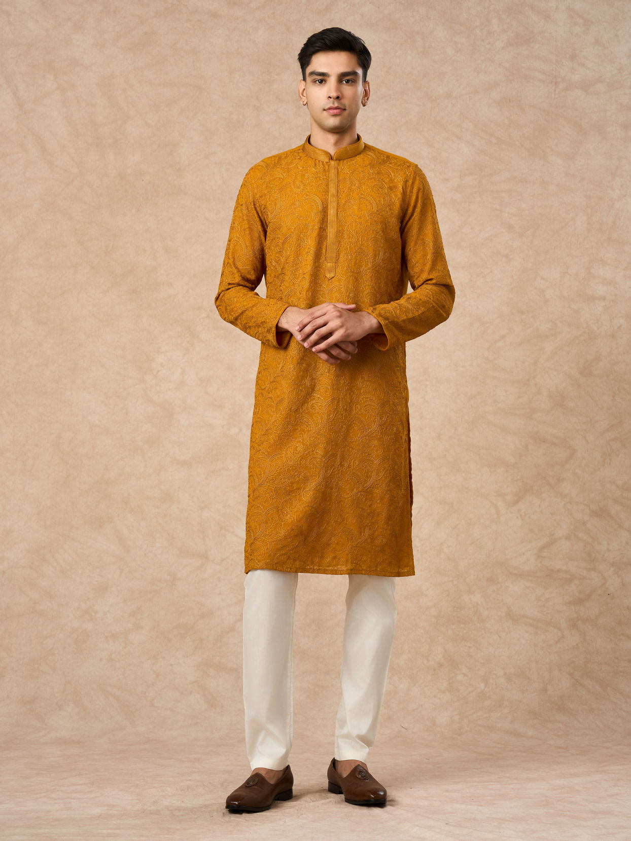 Manyavar Men Mustard Georgette Kurta Churidar with Thread Embroidery
