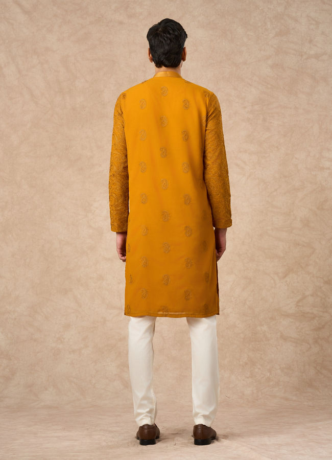 Manyavar Men Mustard Georgette Kurta Churidar with Thread Embroidery