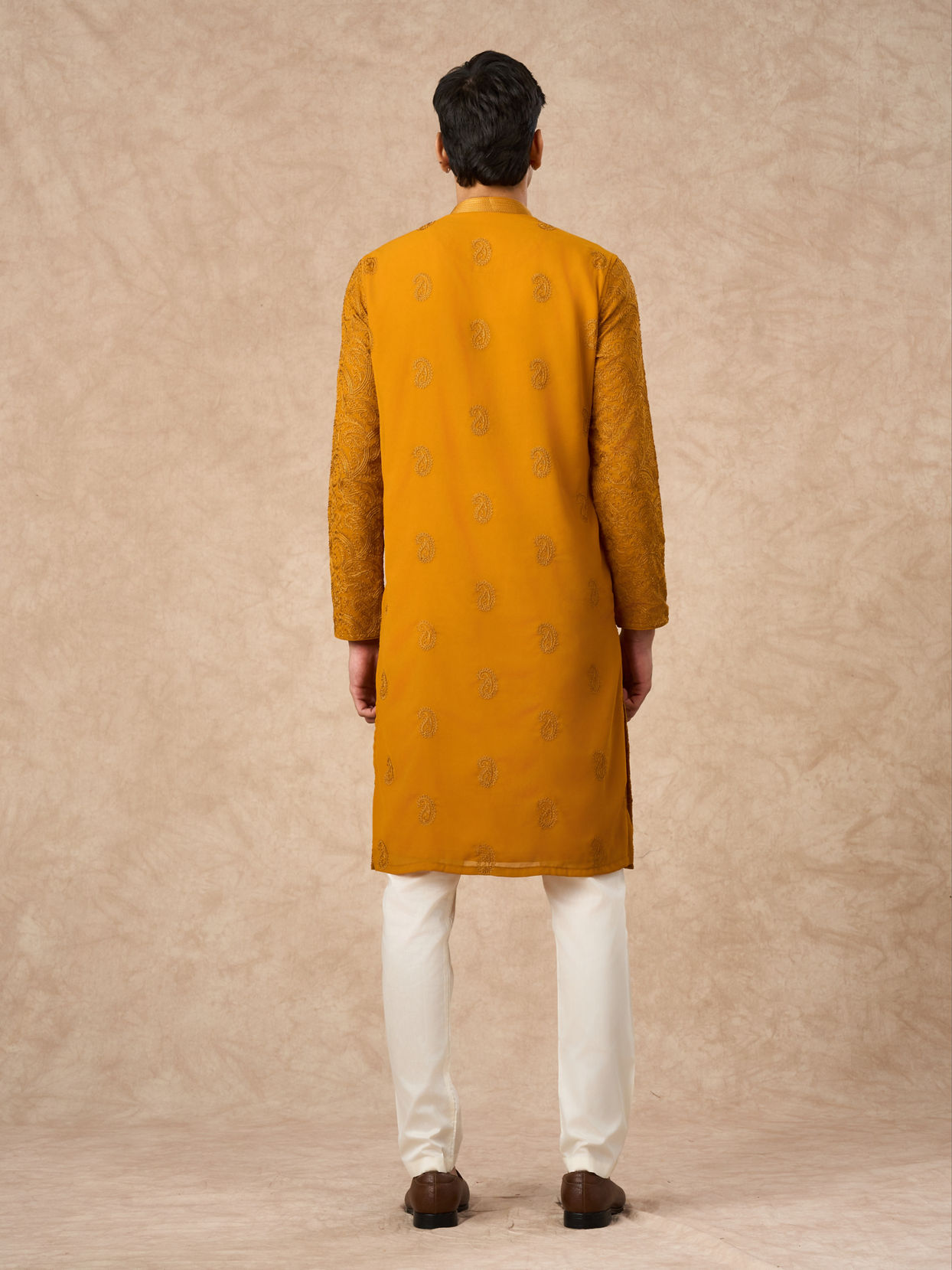 Manyavar Men Mustard Georgette Kurta Churidar with Thread Embroidery