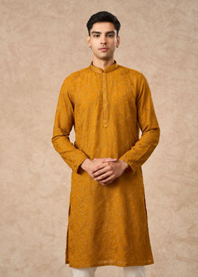 Manyavar Men Mustard Georgette Kurta Churidar with Thread Embroidery