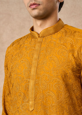 Manyavar Men Mustard Georgette Kurta Churidar with Thread Embroidery