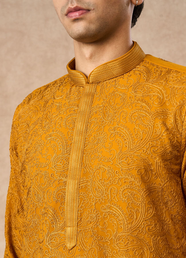 Manyavar Men Mustard Georgette Kurta Churidar with Thread Embroidery