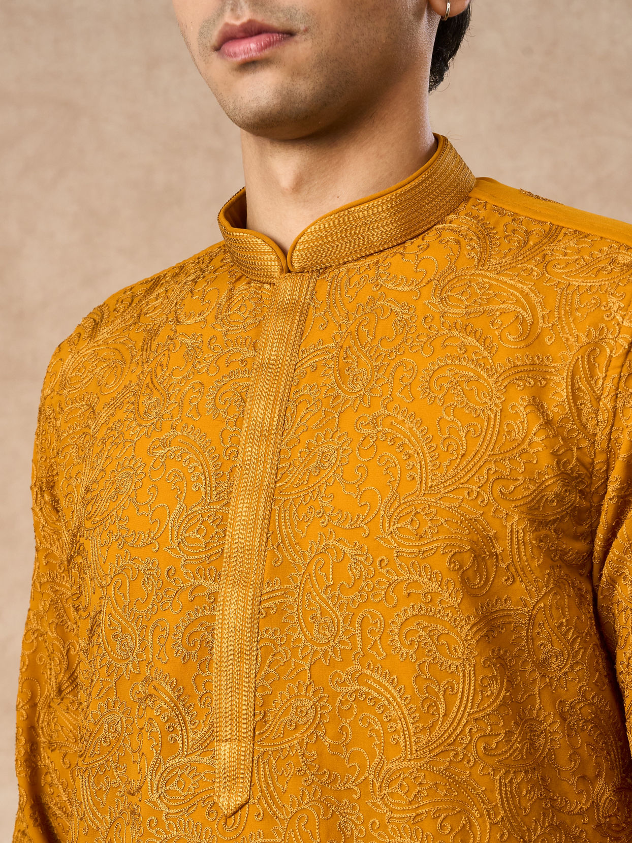 Manyavar Men Mustard Georgette Kurta Churidar with Thread Embroidery