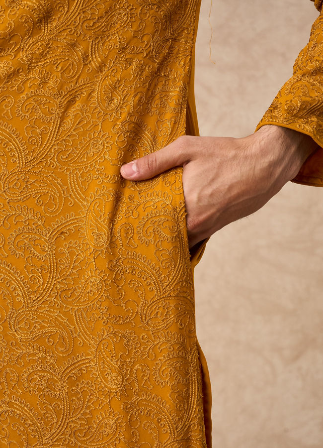 Manyavar Men Mustard Georgette Kurta Churidar with Thread Embroidery