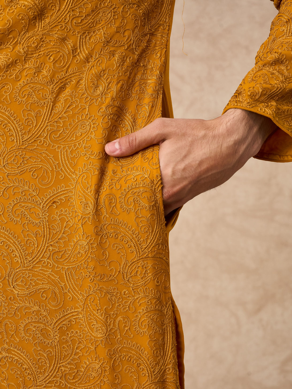 Manyavar Men Mustard Georgette Kurta Churidar with Thread Embroidery