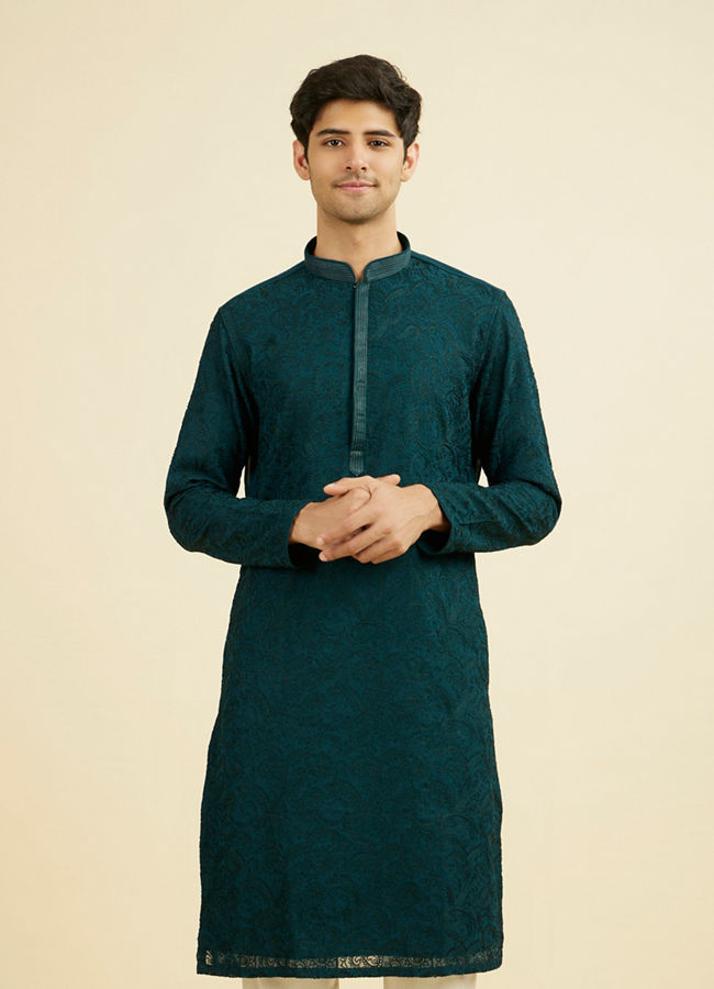 Manyavar Men Teal Green Georgette Kurta Churidar