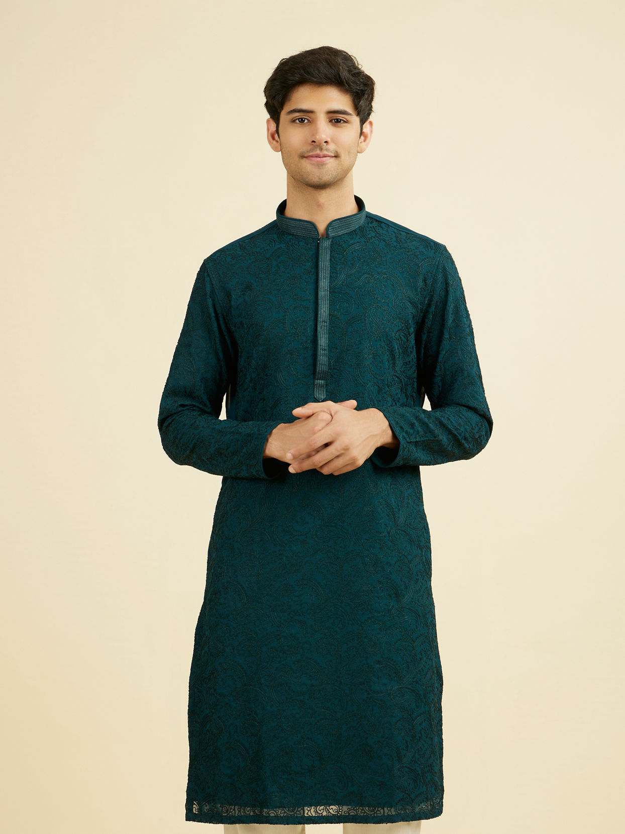 Manyavar Men Teal Green Georgette Kurta Churidar