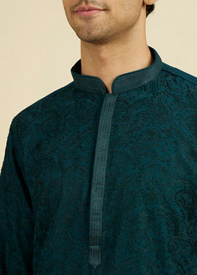 Manyavar Men Teal Green Georgette Kurta Churidar
