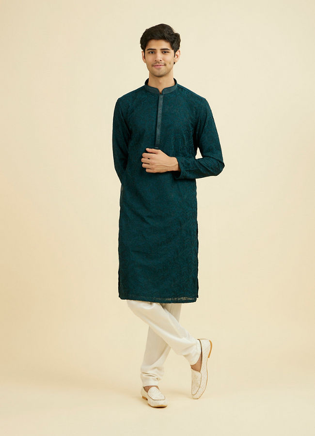 Manyavar Men Teal Green Georgette Kurta Churidar