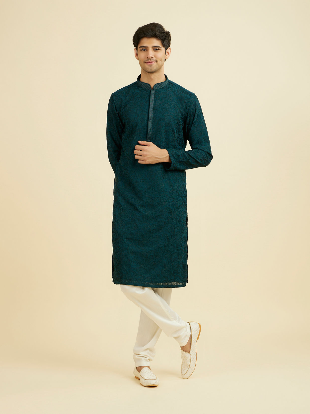 Manyavar Men Teal Green Georgette Kurta Churidar