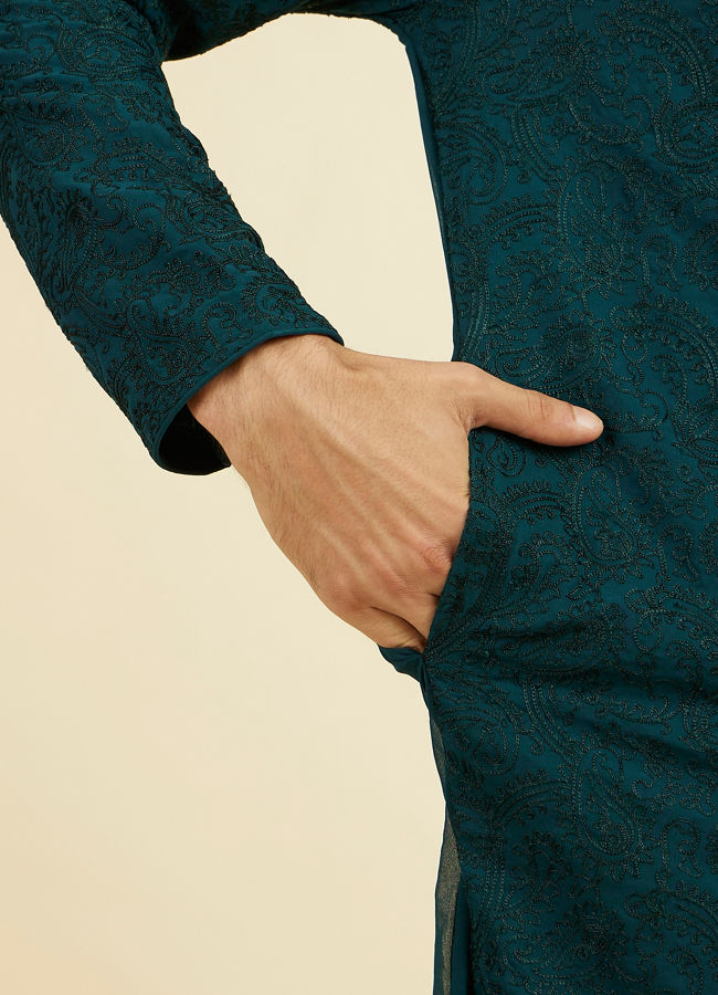 Manyavar Men Teal Green Georgette Kurta Churidar