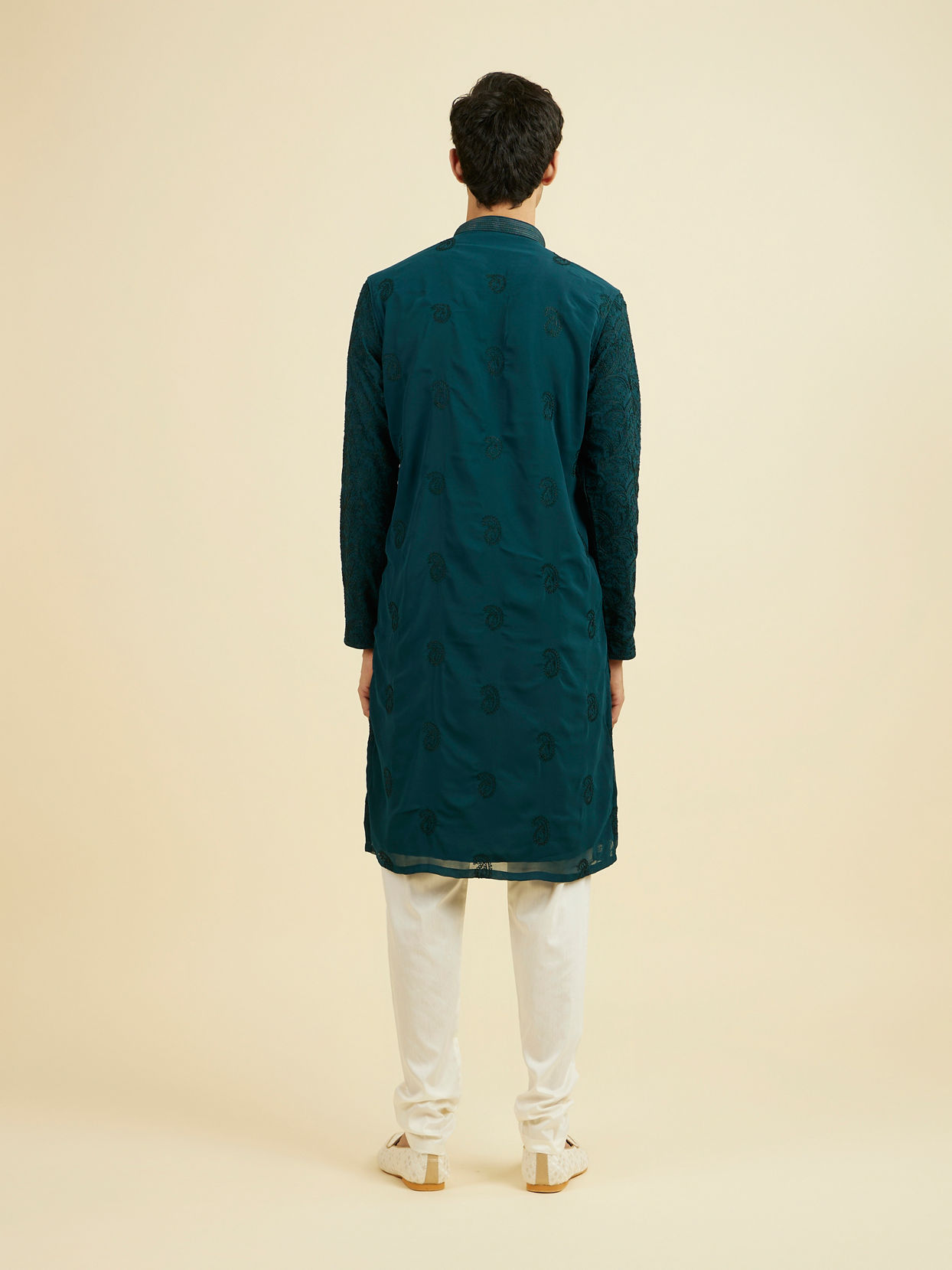 Manyavar Men Teal Green Georgette Kurta Churidar