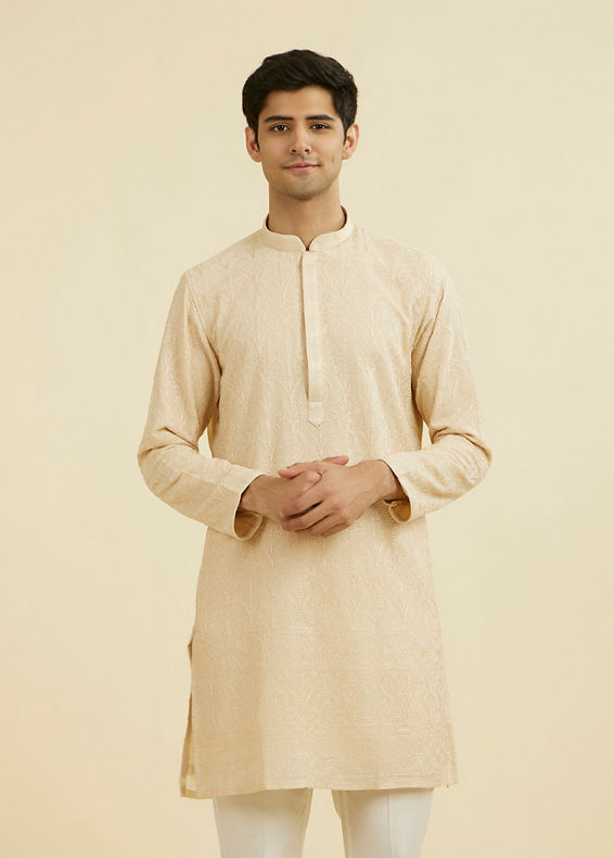 Manyavar Men Beige Georgette Ensemble Kurta Pant