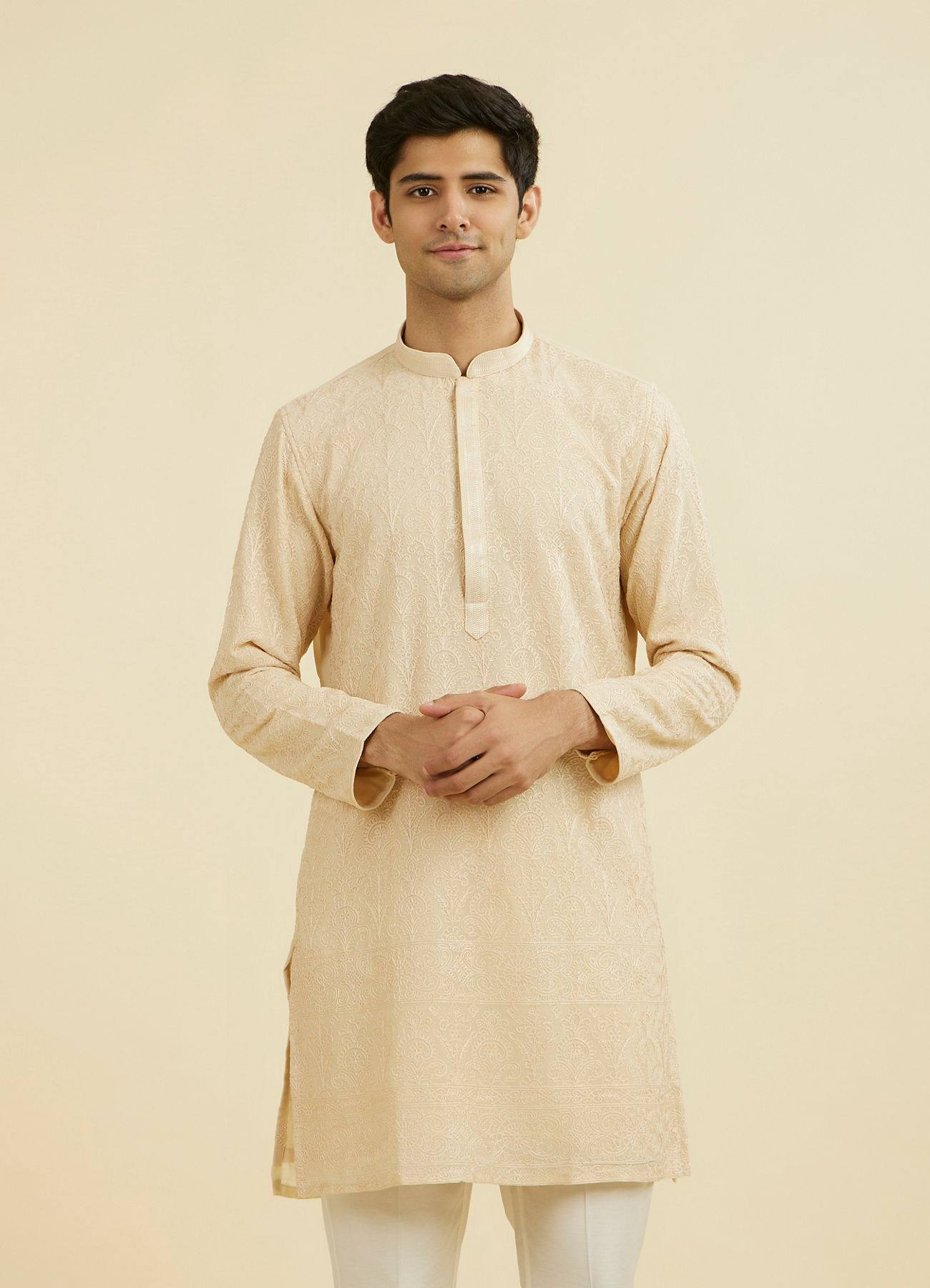 Manyavar Men Beige Georgette Ensemble Kurta Pant