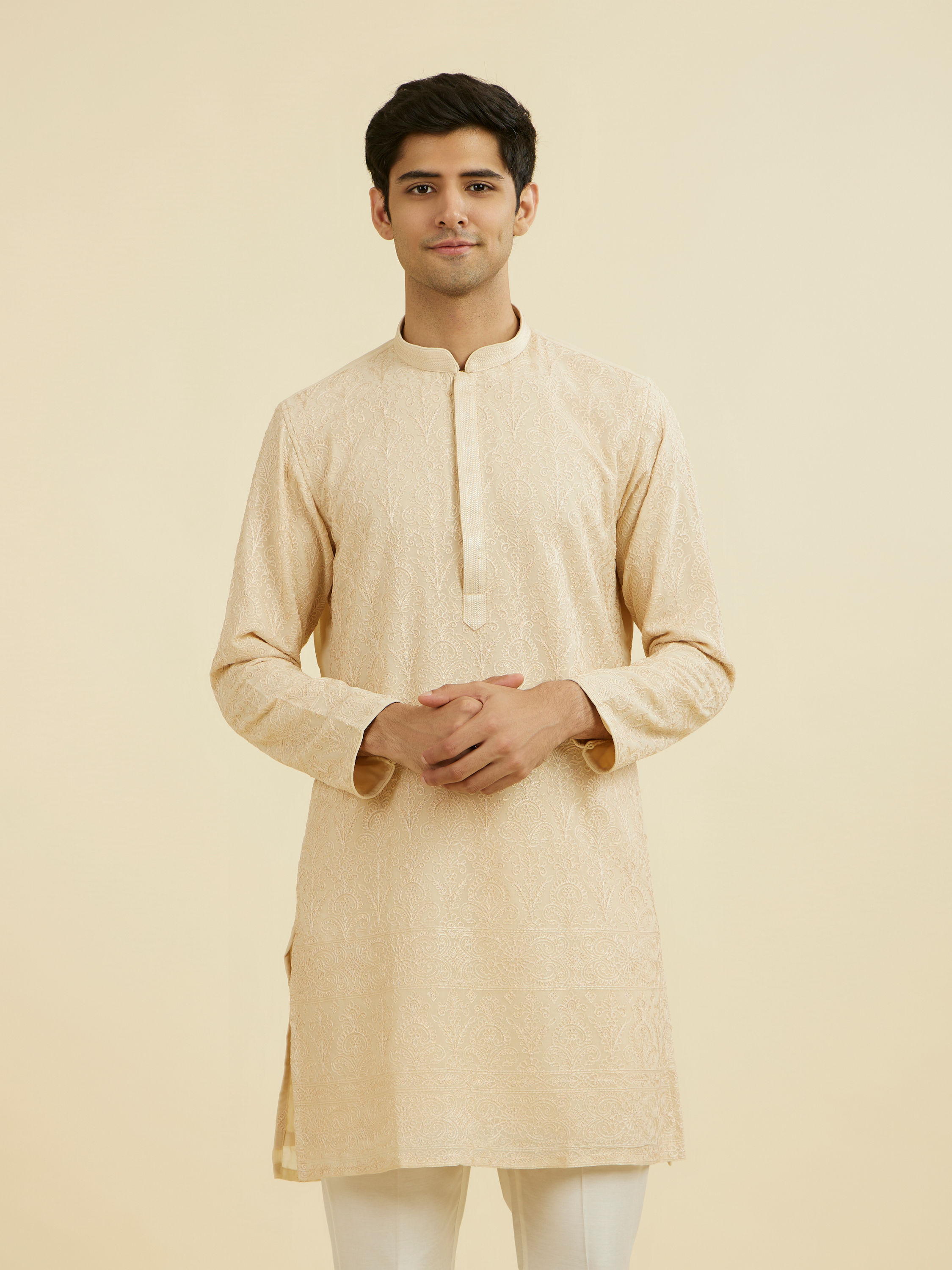 Manyavar Men Beige Georgette Ensemble Kurta Pant