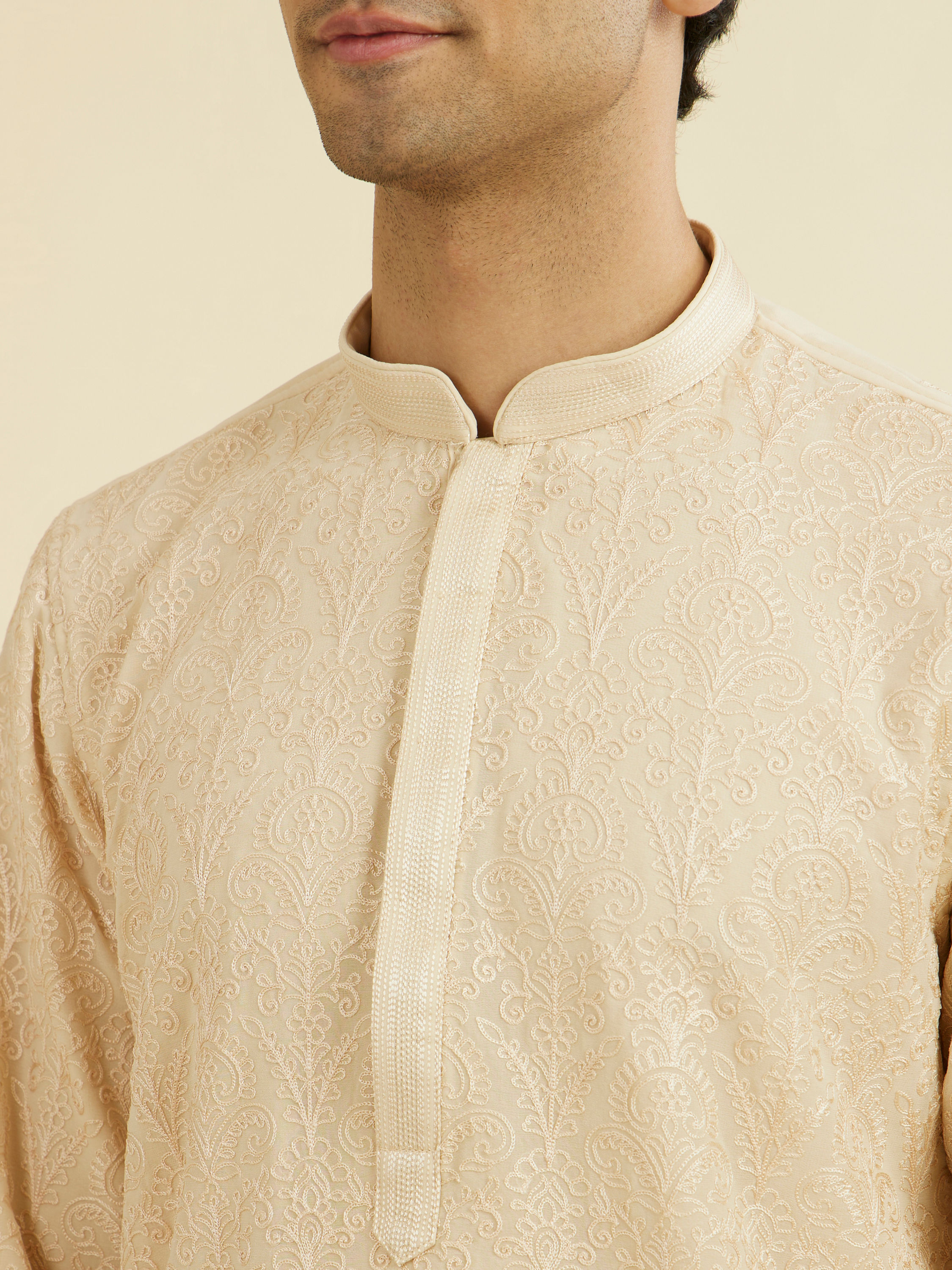 Manyavar Men Beige Georgette Ensemble Kurta Pant