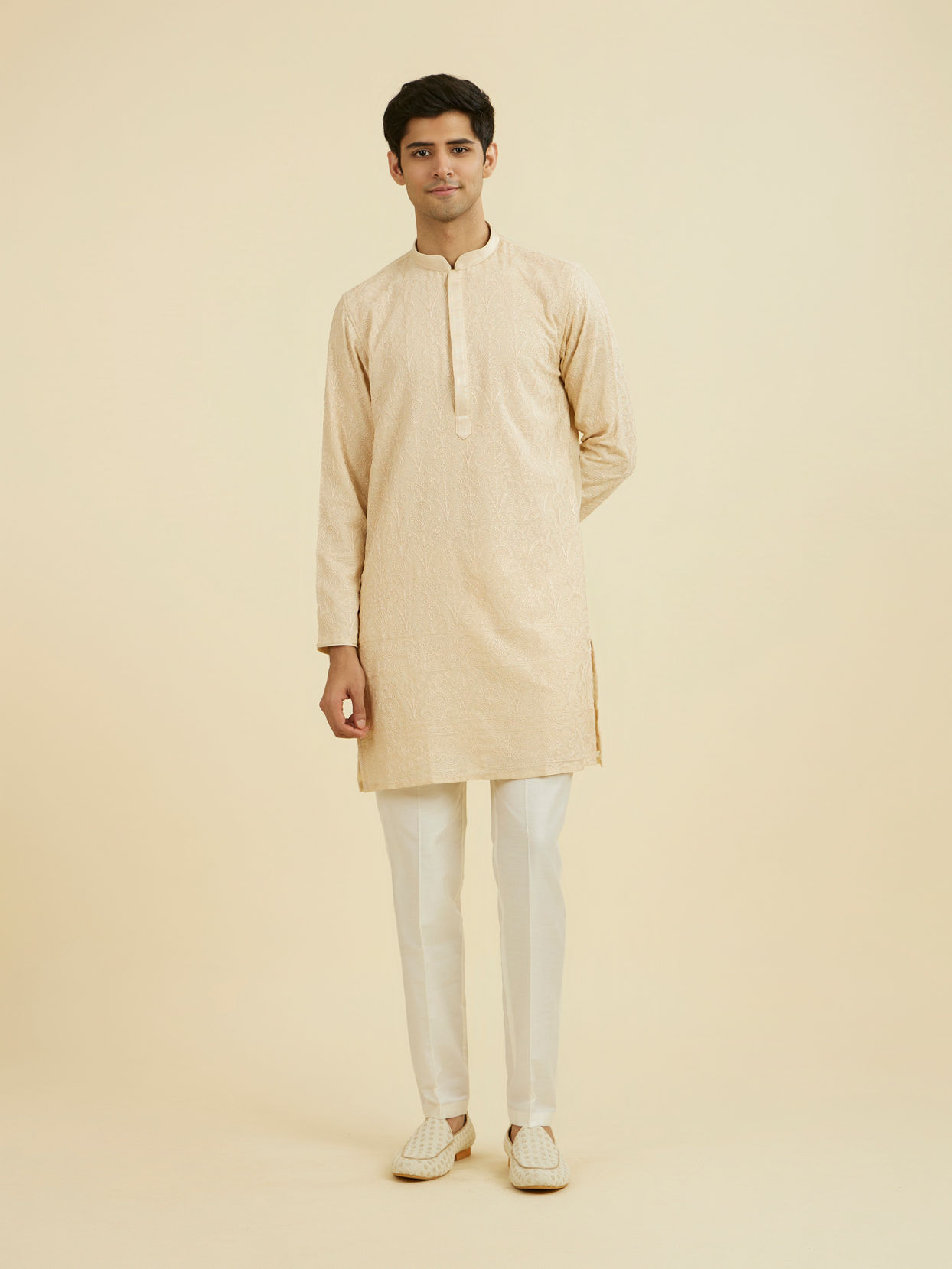 Manyavar Men Beige Georgette Ensemble Kurta Pant