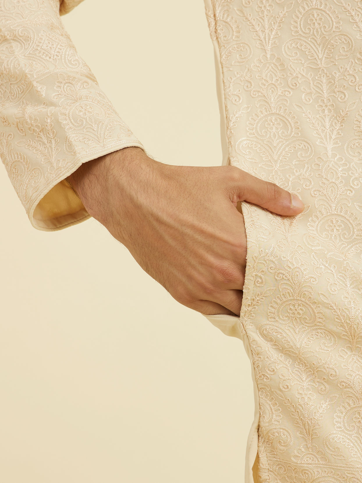 Manyavar Men Beige Georgette Ensemble Kurta Pant