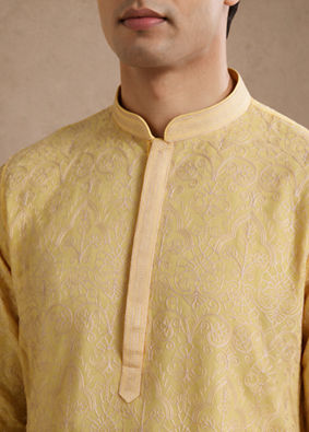 Manyavar Men Yellow Georgette Kurta Pant with Thread Embroidery