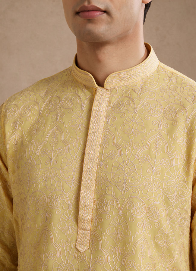 Manyavar Men Yellow Georgette Kurta Pant with Thread Embroidery