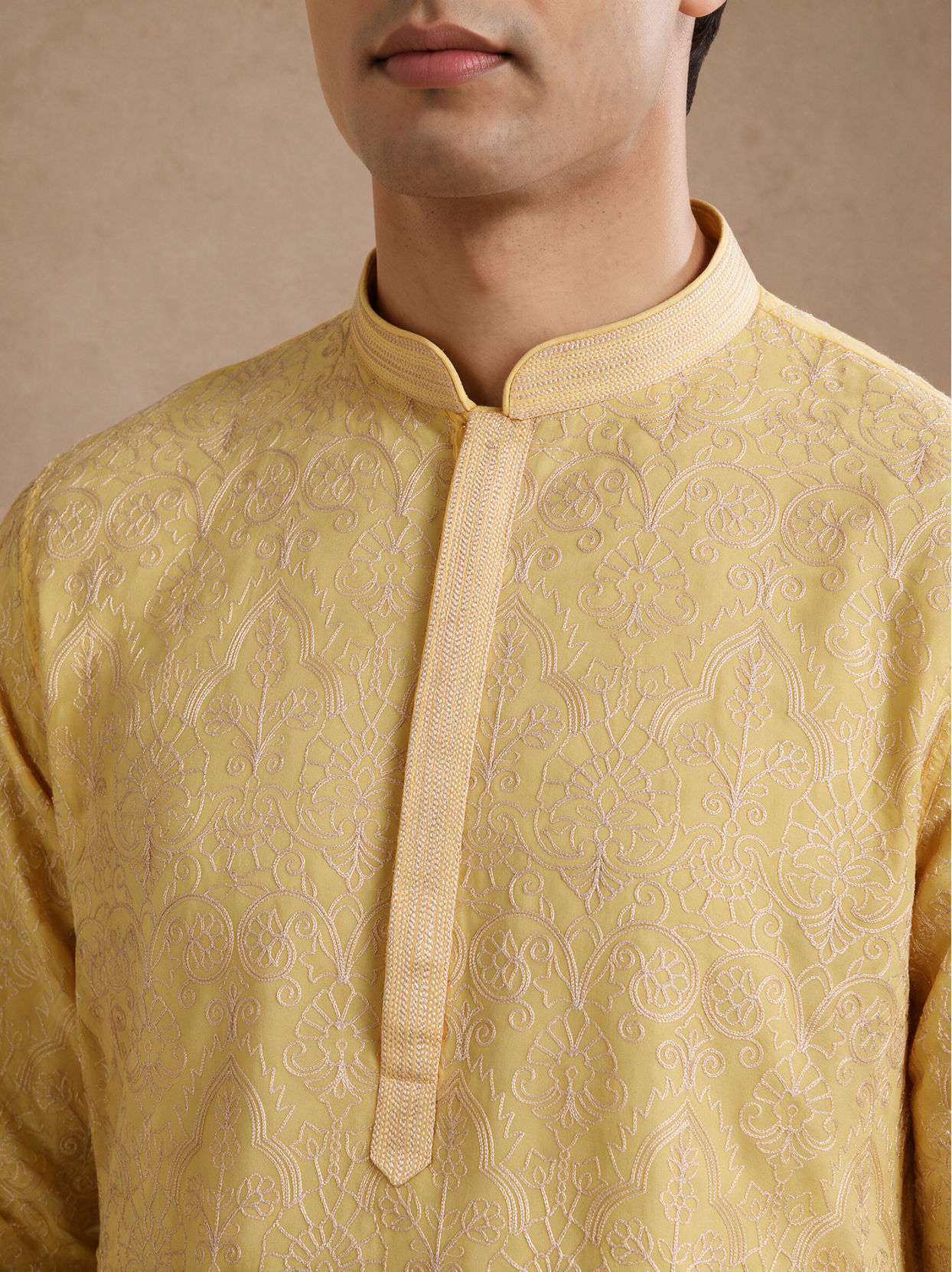 Manyavar Men Yellow Georgette Kurta Pant with Thread Embroidery