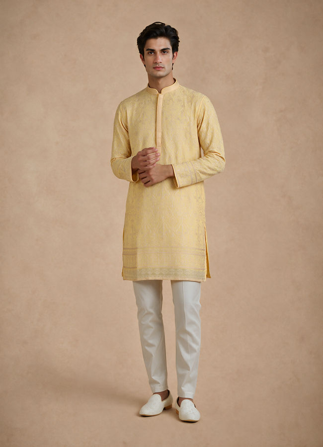 Manyavar Men Yellow Georgette Kurta Pant with Thread Embroidery