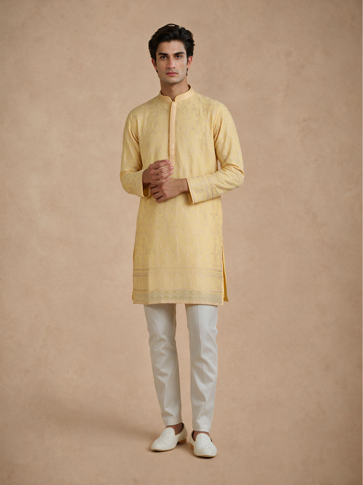 Manyavar Men Yellow Georgette Kurta Pant with Thread Embroidery