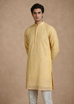 Manyavar Men Yellow Georgette Kurta Pant with Thread Embroidery
