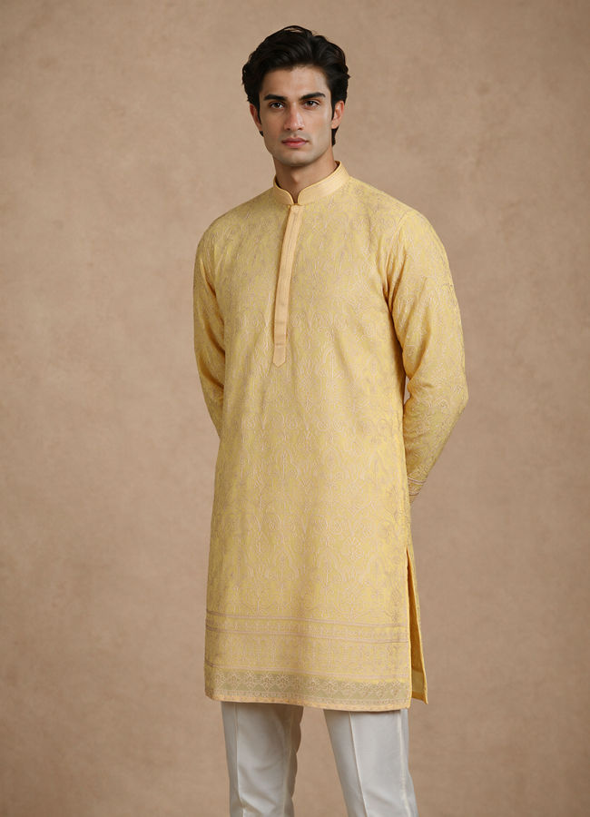 Manyavar Men Yellow Georgette Kurta Pant with Thread Embroidery