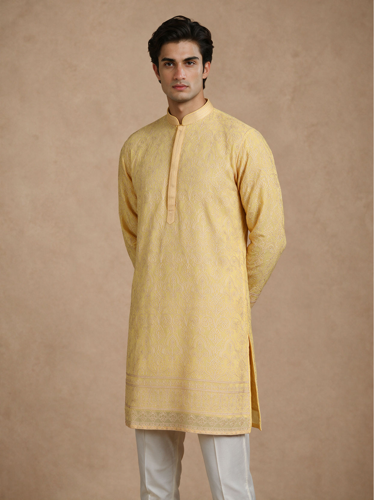 Manyavar Men Yellow Georgette Kurta Pant with Thread Embroidery