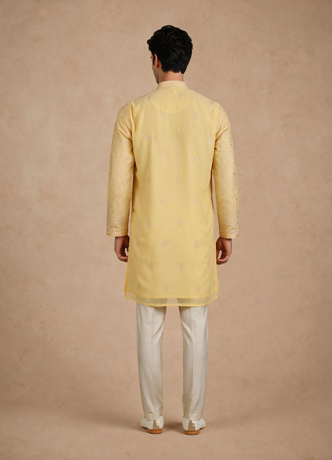 Manyavar Men Yellow Georgette Kurta Pant with Thread Embroidery