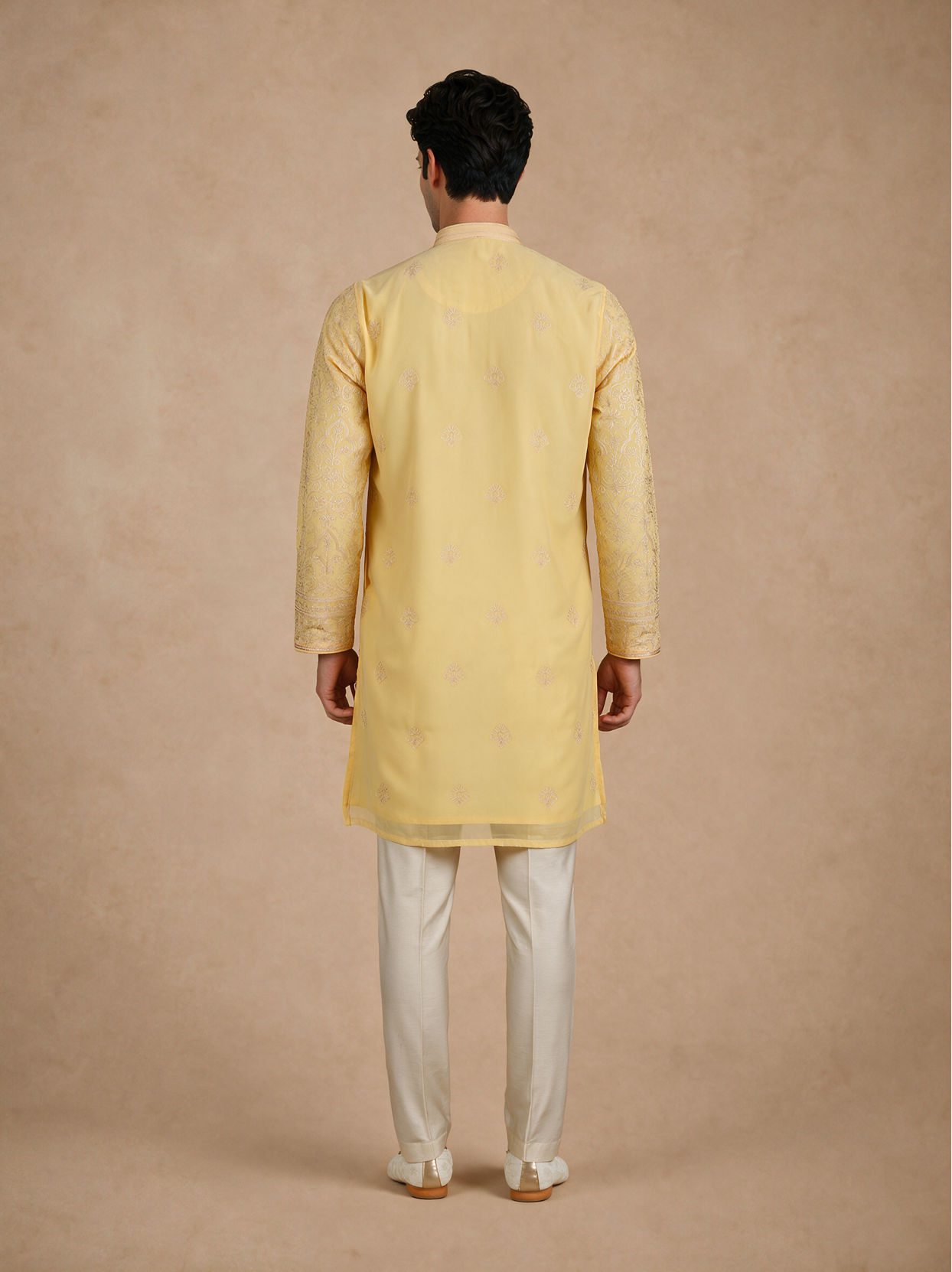 Manyavar Men Yellow Georgette Kurta Pant with Thread Embroidery