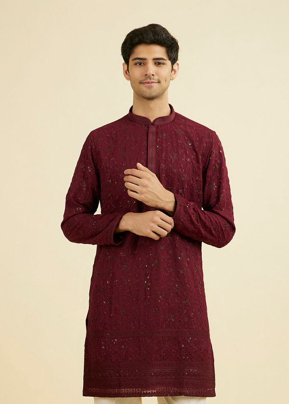 Manyavar Men Wine Georgette Ensemble Mid Length Kurta Pant