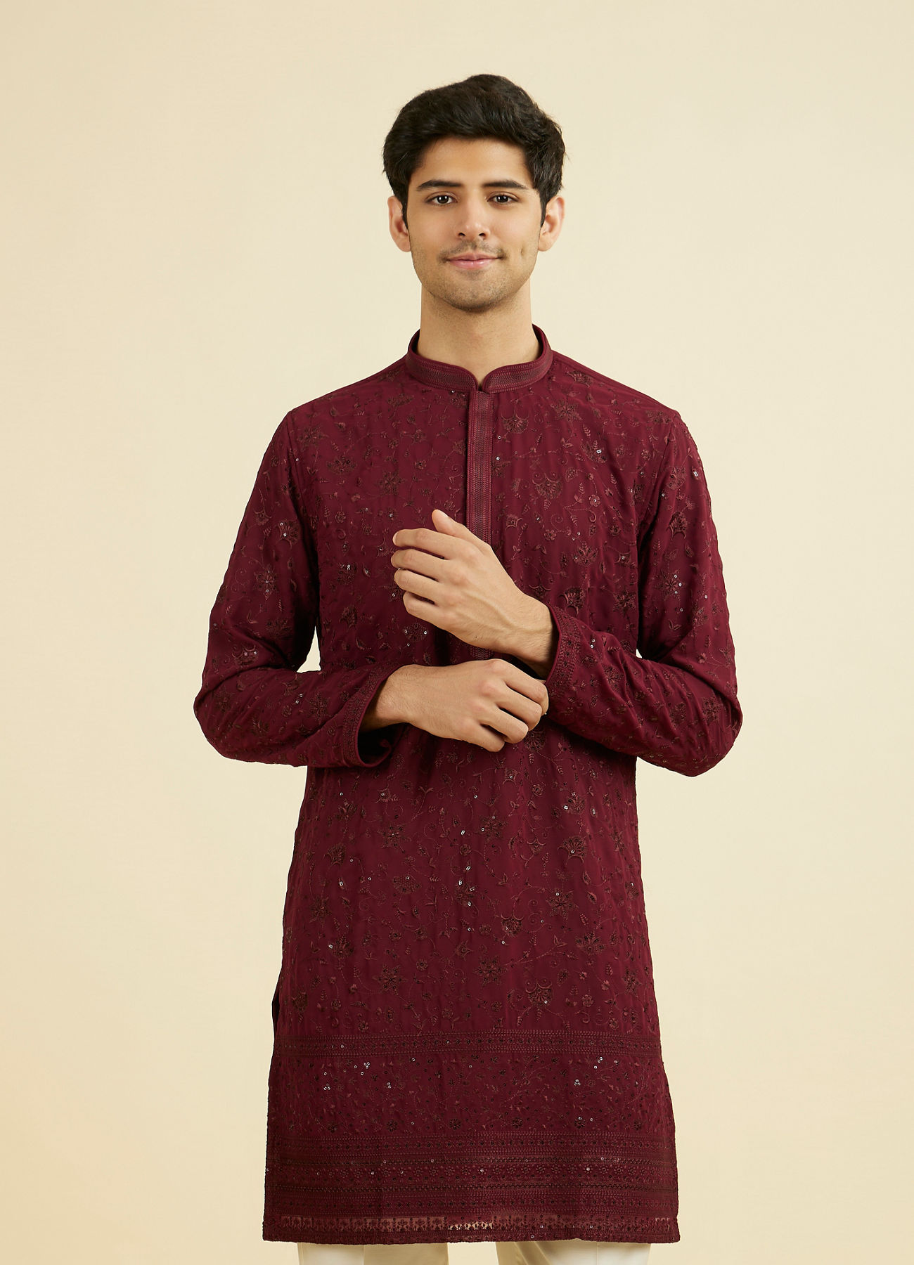 Manyavar Men Wine Georgette Ensemble Mid Length Kurta Pant
