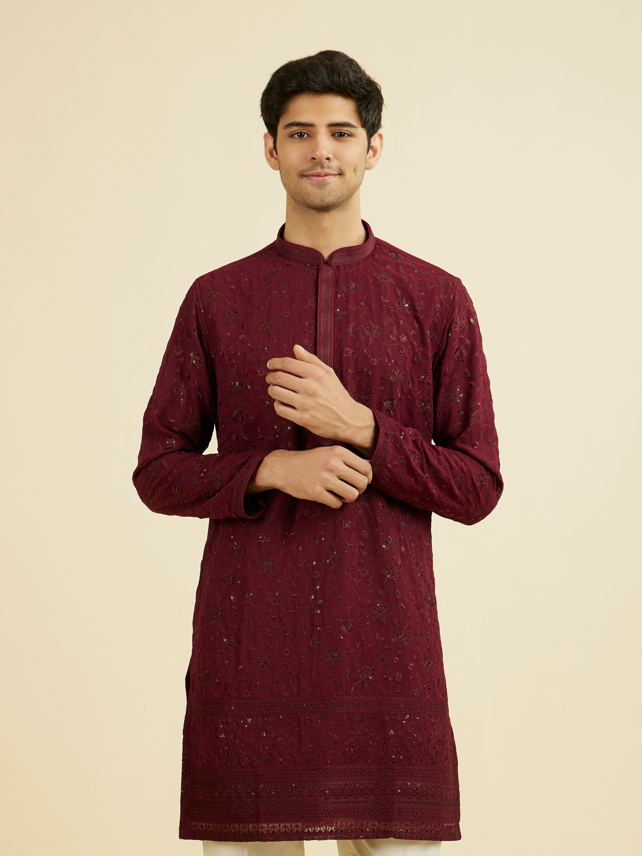 Manyavar Men Wine Georgette Ensemble Mid Length Kurta Pant