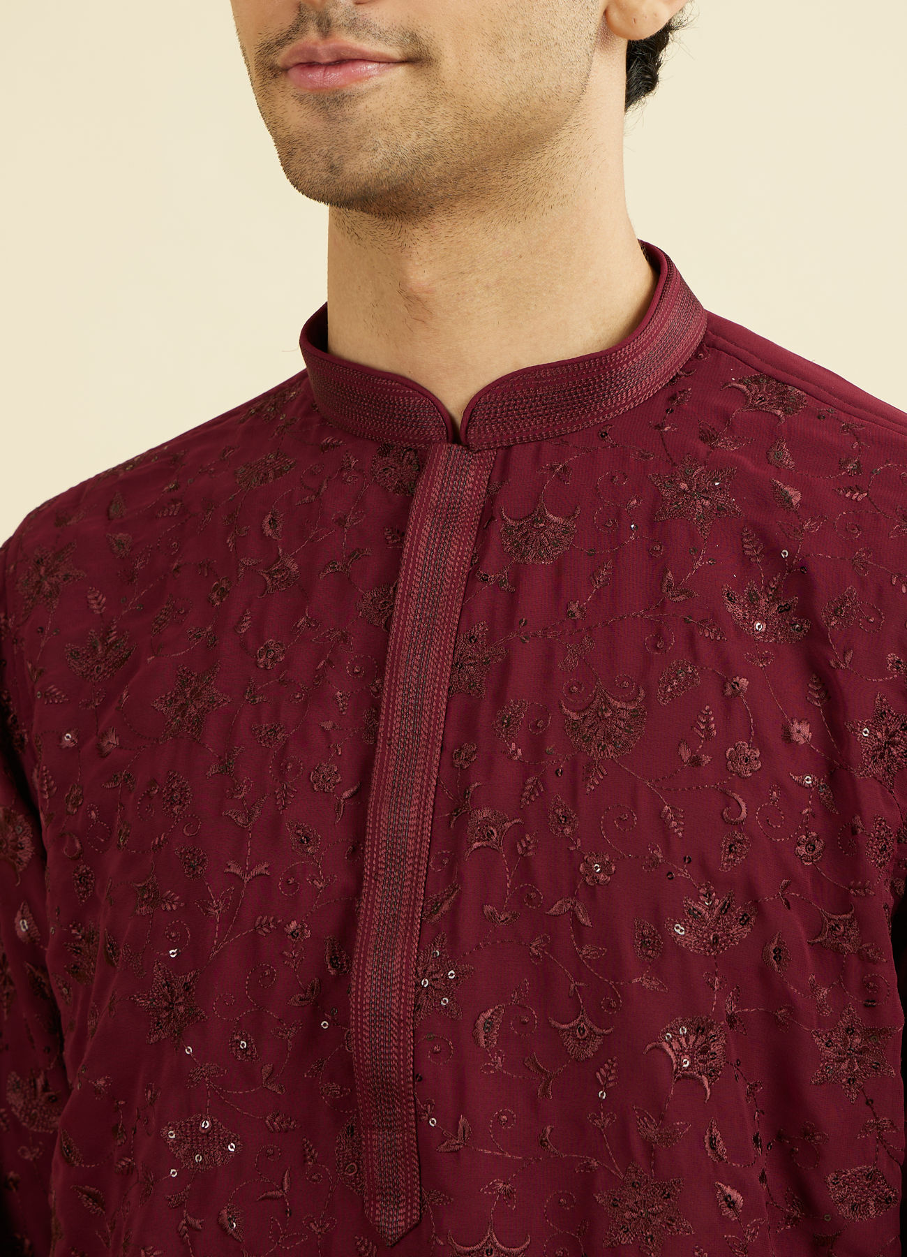 Manyavar Men Wine Georgette Ensemble Mid Length Kurta Pant