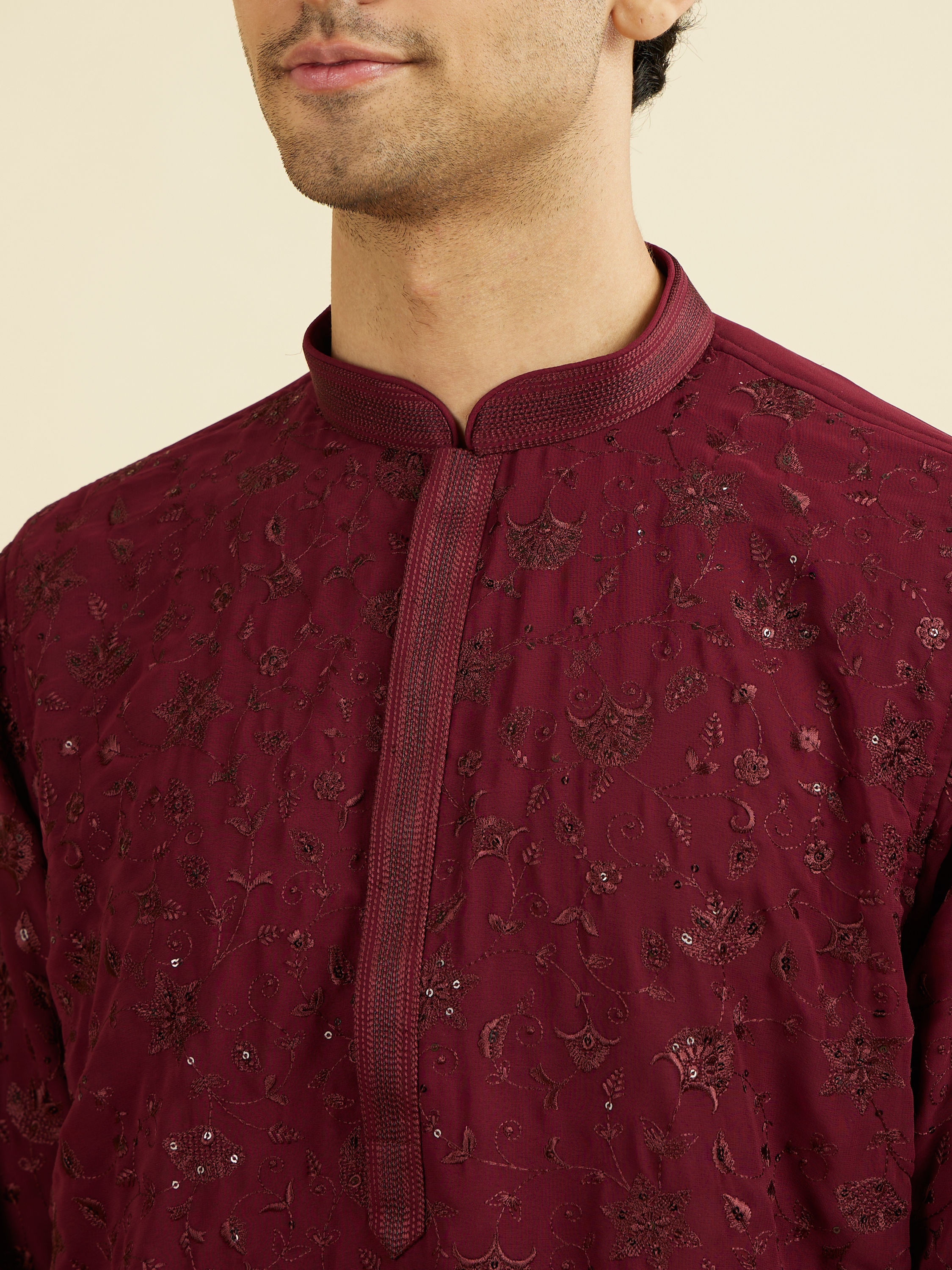Manyavar Men Wine Georgette Ensemble Mid Length Kurta Pant