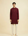 Manyavar Men Wine Georgette Ensemble Mid Length Kurta Pant