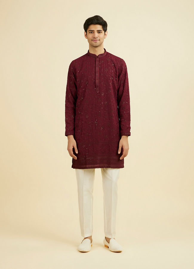 Manyavar Men Wine Georgette Ensemble Mid Length Kurta Pant