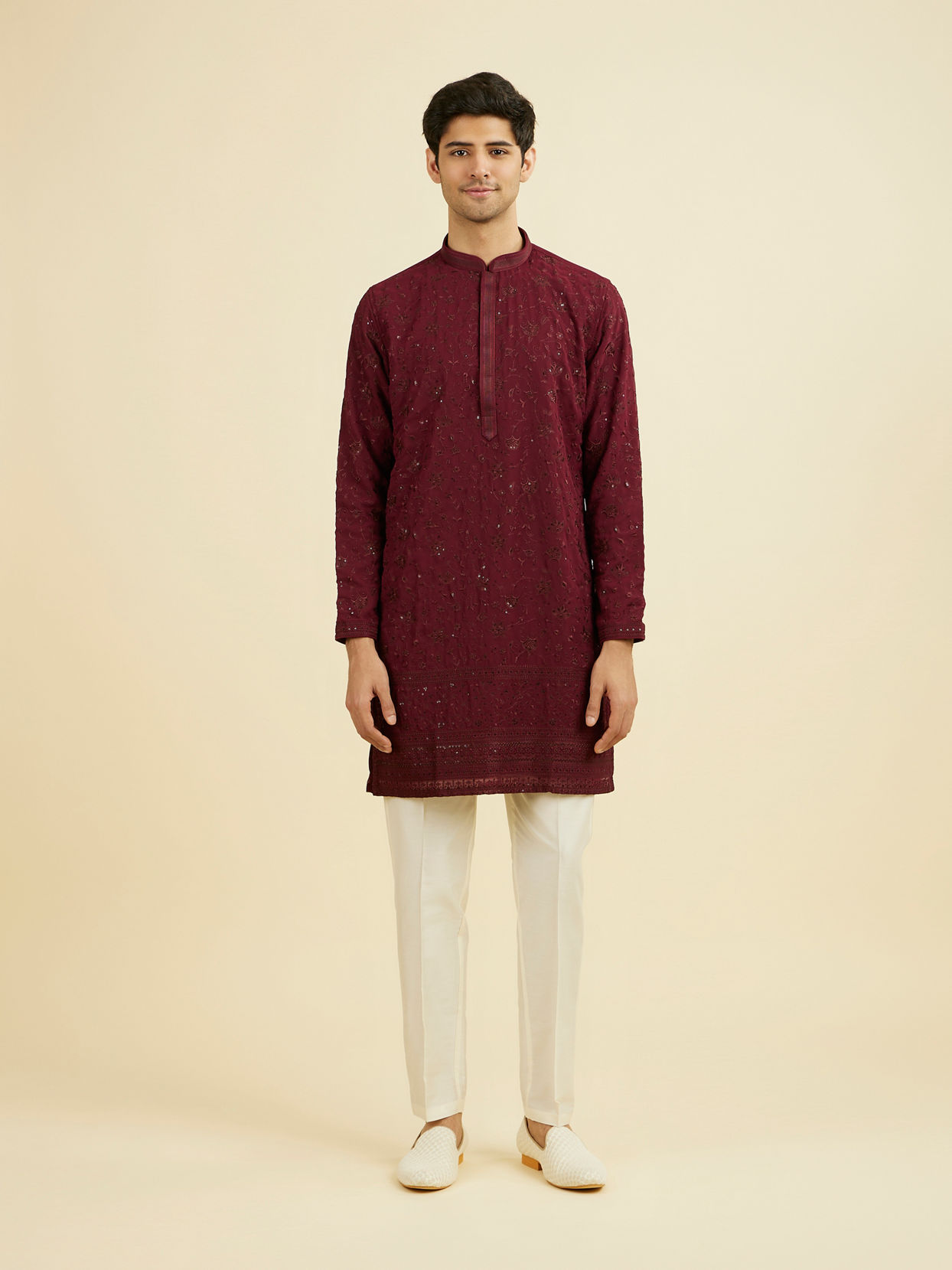Manyavar Men Wine Georgette Ensemble Mid Length Kurta Pant